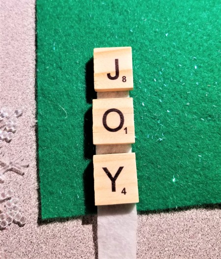 Scrabble Tile and Dollar Tree -Ornaments - letters spelling out JOY on white felt