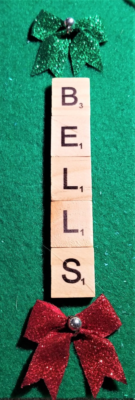 Scrabble Tile and Dollar Tree Ornaments - bells spelled out