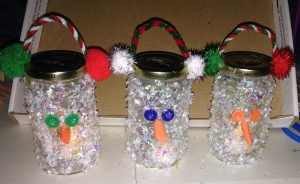 Pasta Jar Snowman Luminaries - three snowmen