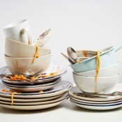 A pile of dirty dishes, waiting to be washed.