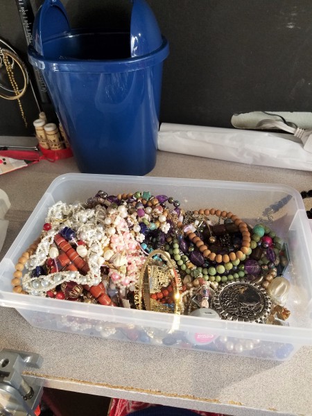 Funnel and Broken Jewelry Christmas Tree - bin of misc. jewelry