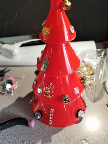 Funnel and Broken Jewelry Christmas Tree - adding more bling