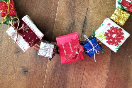 Mini Gift Wreath - closeup of some of the mini gifts glued to the wreath form