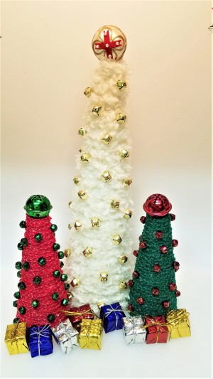 Crochet Chain Wrapped Foam Tree Trio - all three trees with mini packages