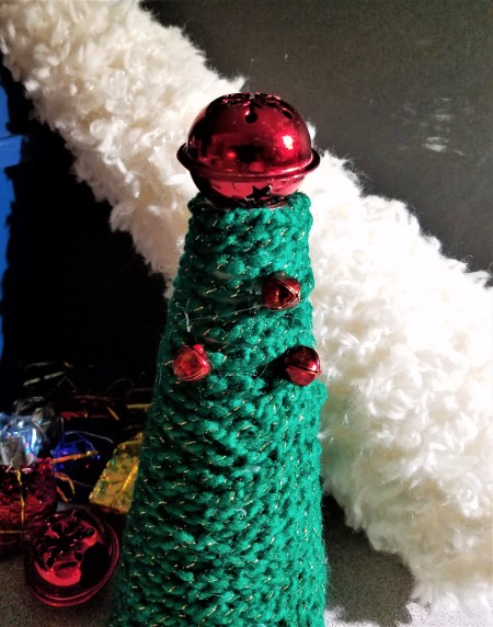 Crochet Chain Wrapped Foam Tree Trio - adding the mini bells to gree tree