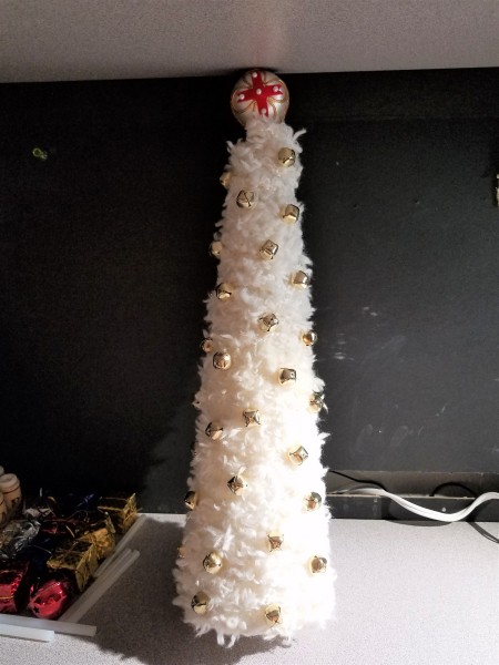 Crochet Chain Wrapped Foam Tree Trio - finished white tree with mini bells and bell on top