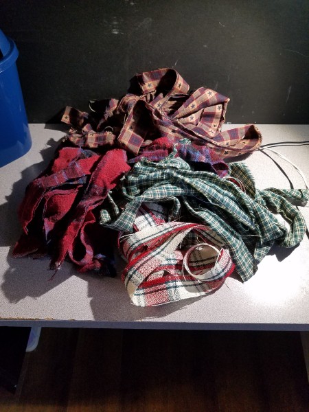 Ripped Fabric Wrapped Faux Candy Canes - pile of fabric strips