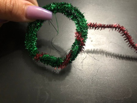 DIY Animated Christmas Hearth Shirt - making tinsel pipe cleaner wreath