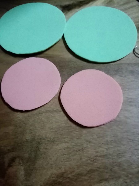 Colorful Retro Inspired Foam Earrings - two smaller pink circles with the larger light blue