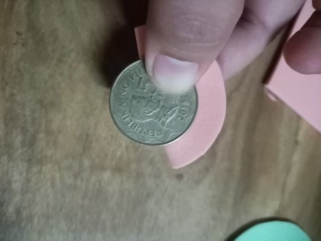 Colorful Retro Inspired Foam Earrings - positioning coin on folded pink circle