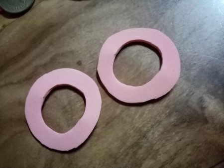 Colorful Retro Inspired Foam Earrings - pink foam rings after cutting out the center