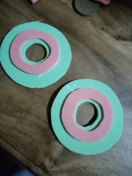 Colorful Retro Inspired Foam Earrings - pink rings glued on the blue ones
