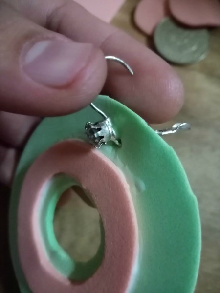 Colorful Retro Inspired Foam Earrings - inserting the earring hoop