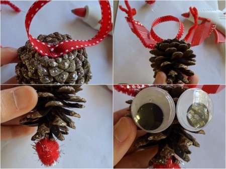 Pinecone Reindeer Ornament - attach ribbon hanger, antlers, ears, pom pom, and eyes