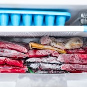 Freezer full of frozen bags of food.