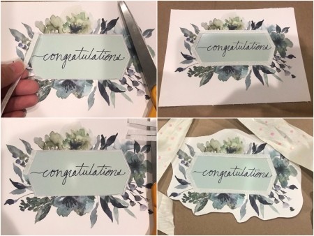 Congratulations Gift Bag - adding paper with "Congratulations" and covering edges with sticker ribbon