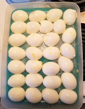 A container of hard boiled egg halves, flipped onto the cut side.