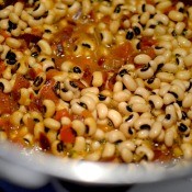 A pot of cooked black eyed peas.