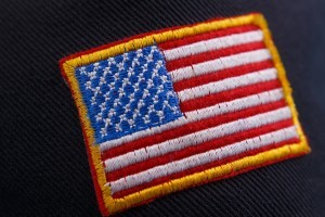 American flag patch on a sleeve.