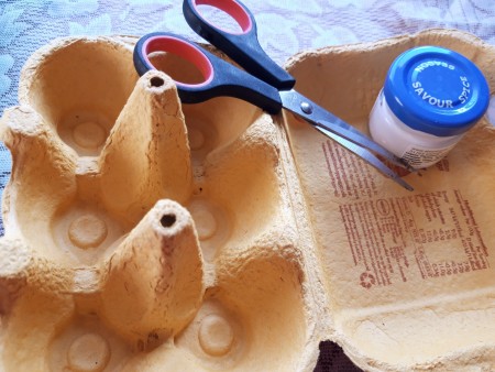 Egg Carton Miniature Furniture - egg crate, scissors, and glue