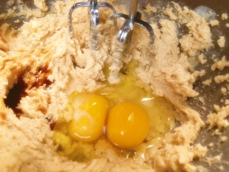 adding eggs & vanilla to mix