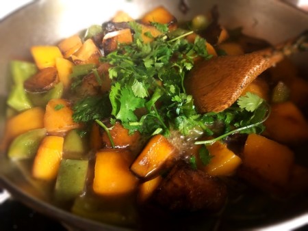 cilantro added to pan