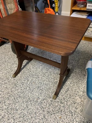 Identifying a Side Table - rectangular table with rounded corners, routed edge and legs, with brass feet caps