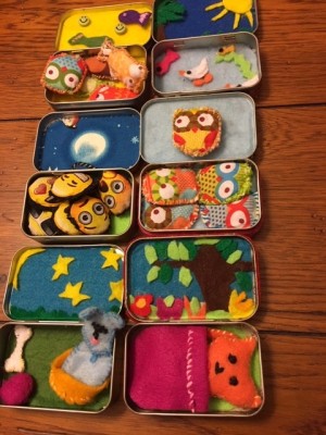 Quiet Time Play Tins for Children - open Altoid type tins with cute scenes and felt animals etc.