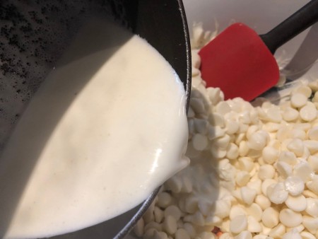 UFO Cow Abduction Cake - heat heavy cream and then pour into the heat proof bowl of white chocolate chips