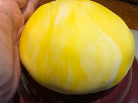 UFO Cow Abduction Cake - yellow fondant on the small cake, trimmed