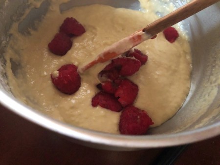 adding raspberries to batter