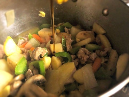 Maple syrup added to meat & veggies