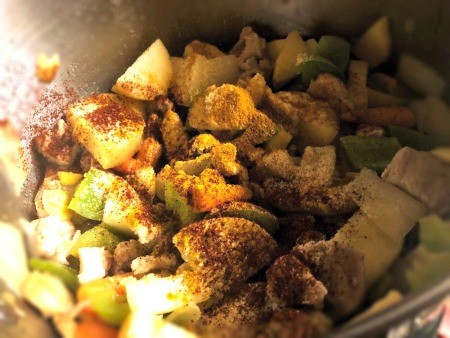 spices added to meat & veggies