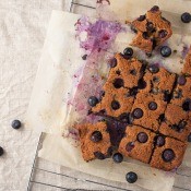 Blueberry cake cut into squares.