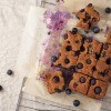 Blueberry cake cut into squares.