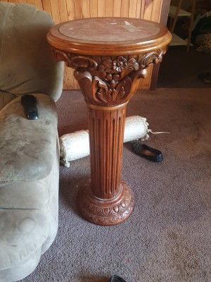 Value of Marble Topped Column Style Tables - wood column with floral pattern at top and with a marble insert