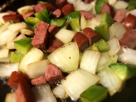 sausage, onions & peppers in pan