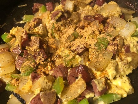 cooked eggs, sausage & veggies