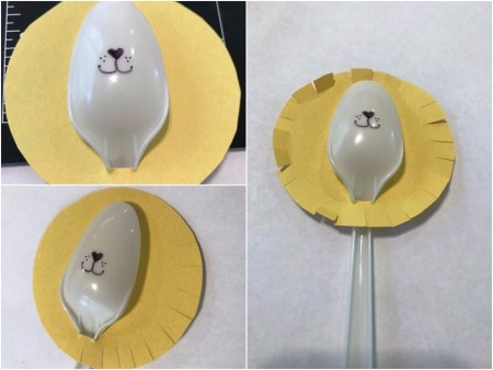 Lion Spoon Puppet - cut slits around the circle for the mane and draw a face on the convex side of the spoon, use googly eyes or draw them on with the marker
