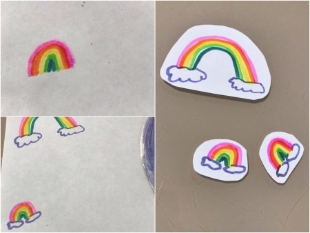 Rainbow and Clouds Paper Twirler Room Decor - rainbows with clouds drawn with markers and cut out