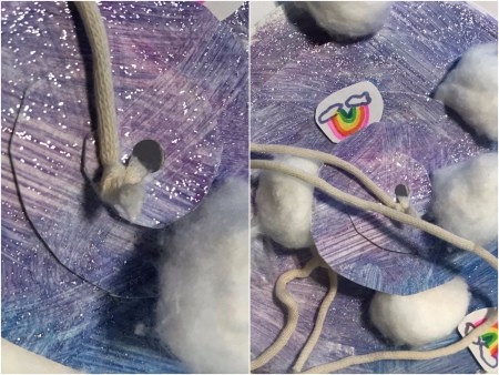 Rainbow and Clouds Paper Twirler Room Decor - closeup of string attachment