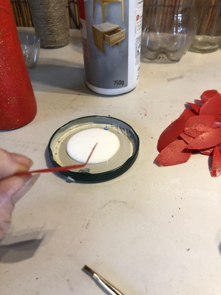 Tree Candlestick Holder - jar lid with wood glue inside