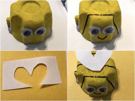 Bee and Beehive Egg Carton Toy - cut a heart shape of paper for wings, glue on eyes, draw lines with the marker and glue wings in place