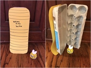 Bee and Beehive Egg Carton Toy -view of the front of the hive crate and also of the inside both have a bee in the photo