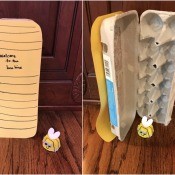 Bee and Beehive Egg Carton Toy -view of the front of the hive crate and also of the inside both have a bee in the photo