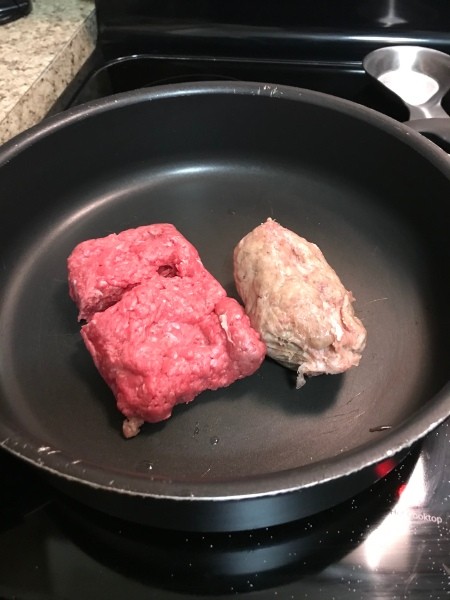 ground beef & sausage in pan