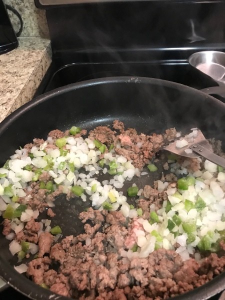 peppers & onions added to pan