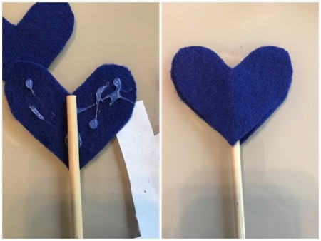 Making Felt Wand Pointers - glueing blue felt stars to dowel