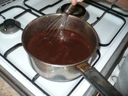 wisking Chocolate Sauce in pan