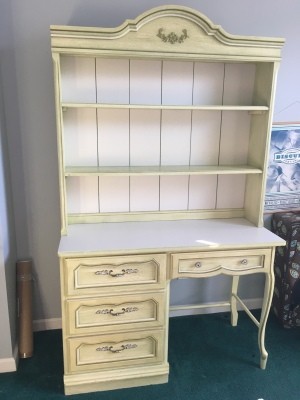 Value of a Vintage Desk - white desk with hutch, gold trim and three drawers on the left